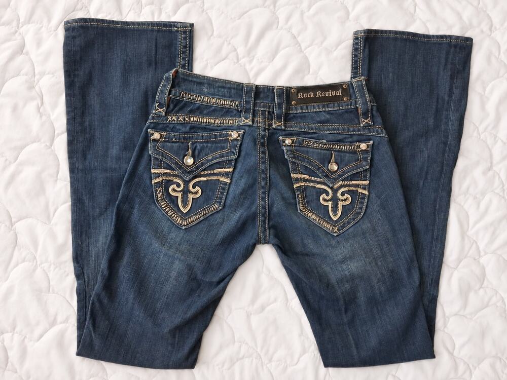 Rock Revival Gwen Bootcut Jeans 26 Dark Wash Gold Stitch Rhinestone Flap Pockets